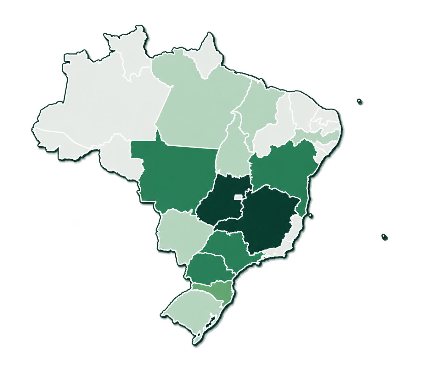 Mapa do Brasil com os estados destacados conforme a presença comercial da Biocarbo