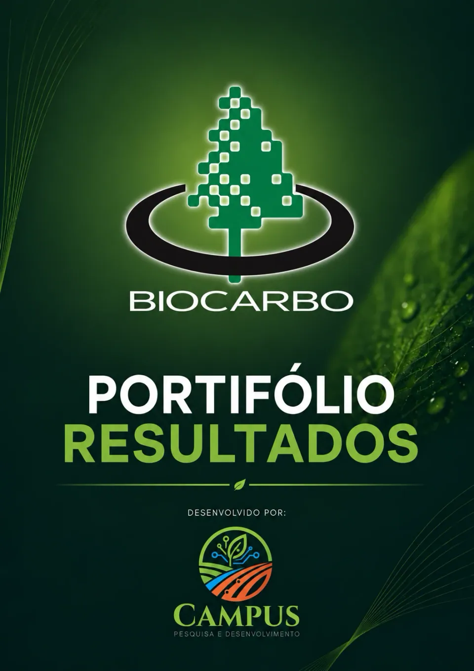 Capa verde do Portfólio Resultados da Biocarbo desenvolvido pela Campus Pesquisa e Desenvolvimento